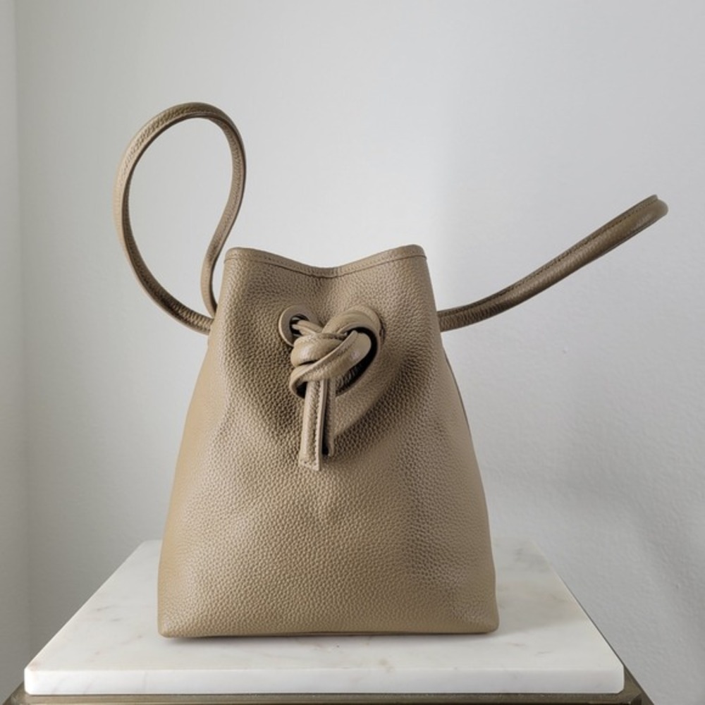 VASIC BOND Genuine Leather Taupe Bucket Bag Knot Top Handle Purse